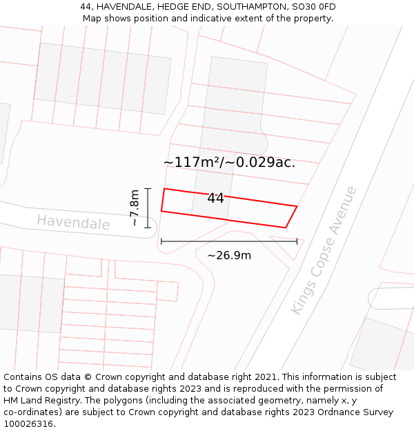 44, HAVENDALE, HEDGE END, SOUTHAMPTON, SO30 0FD: Plot and title map