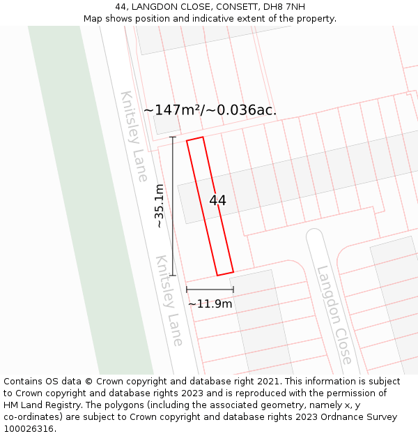 44, LANGDON CLOSE, CONSETT, DH8 7NH: Plot and title map