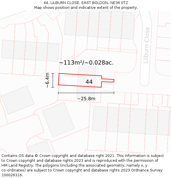 44, LILBURN CLOSE, EAST BOLDON, NE36 0TZ: Plot and title map