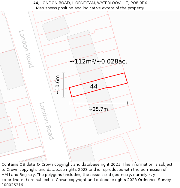44, LONDON ROAD, HORNDEAN, WATERLOOVILLE, PO8 0BX: Plot and title map
