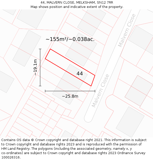 44, MALVERN CLOSE, MELKSHAM, SN12 7RR: Plot and title map