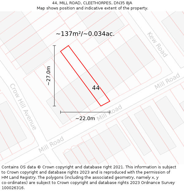 44, MILL ROAD, CLEETHORPES, DN35 8JA: Plot and title map