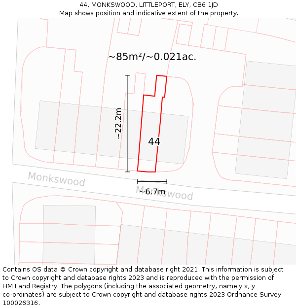 44, MONKSWOOD, LITTLEPORT, ELY, CB6 1JD: Plot and title map