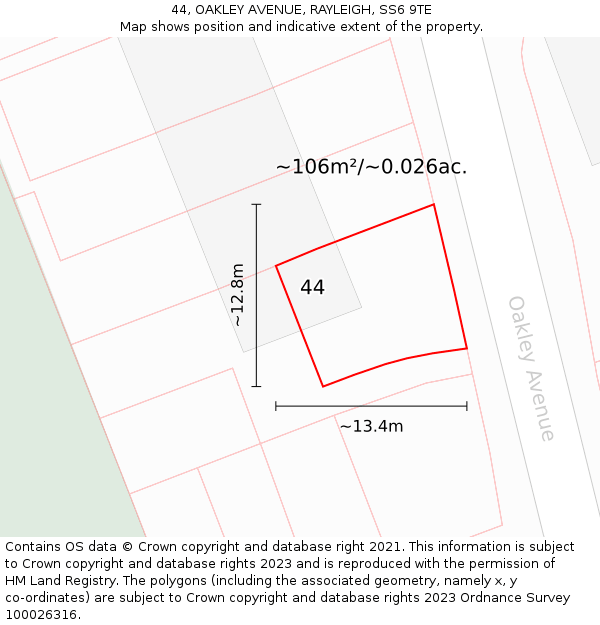44, OAKLEY AVENUE, RAYLEIGH, SS6 9TE: Plot and title map
