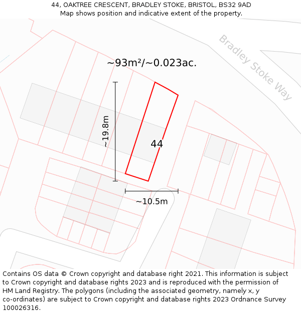44, OAKTREE CRESCENT, BRADLEY STOKE, BRISTOL, BS32 9AD: Plot and title map