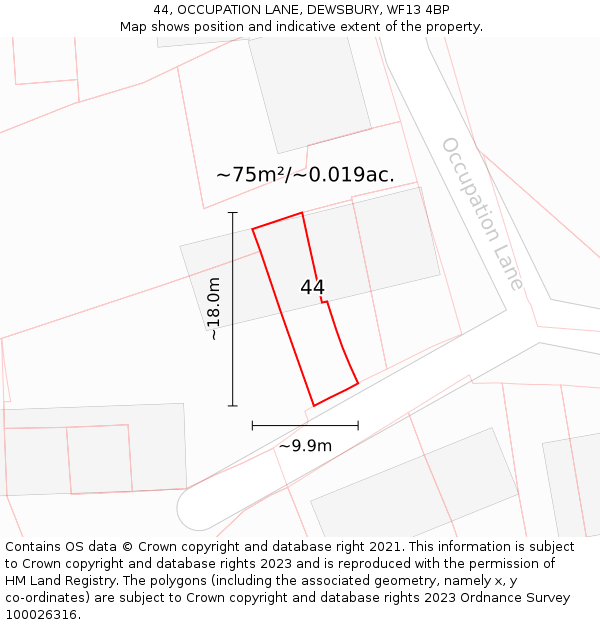 44, OCCUPATION LANE, DEWSBURY, WF13 4BP: Plot and title map