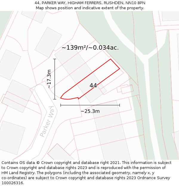 44, PARKER WAY, HIGHAM FERRERS, RUSHDEN, NN10 8PN: Plot and title map