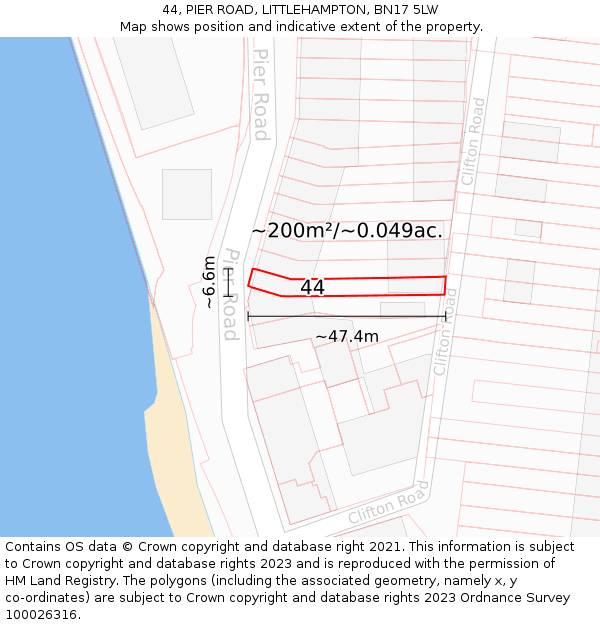 44, PIER ROAD, LITTLEHAMPTON, BN17 5LW: Plot and title map