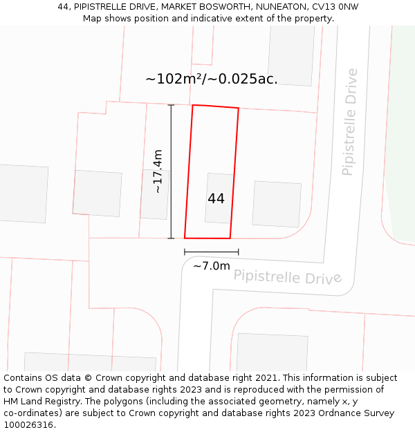 44, PIPISTRELLE DRIVE, MARKET BOSWORTH, NUNEATON, CV13 0NW: Plot and title map