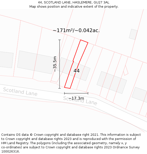 44, SCOTLAND LANE, HASLEMERE, GU27 3AL: Plot and title map