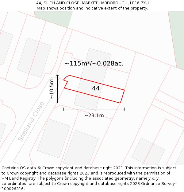 44, SHELLAND CLOSE, MARKET HARBOROUGH, LE16 7XU: Plot and title map