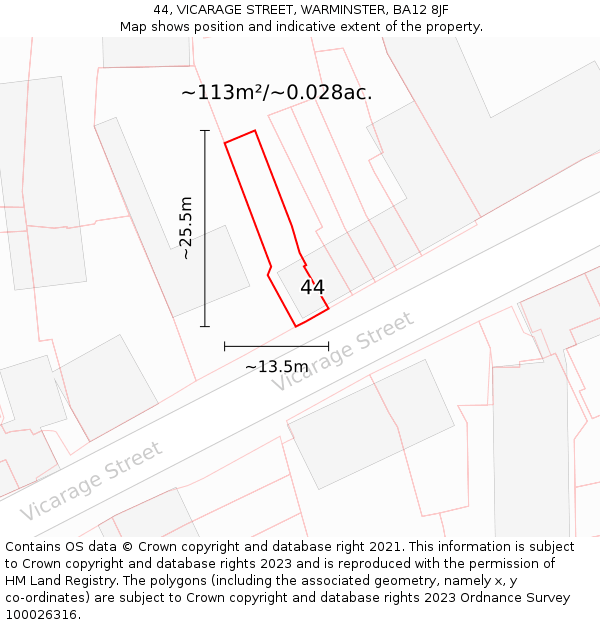 44, VICARAGE STREET, WARMINSTER, BA12 8JF: Plot and title map