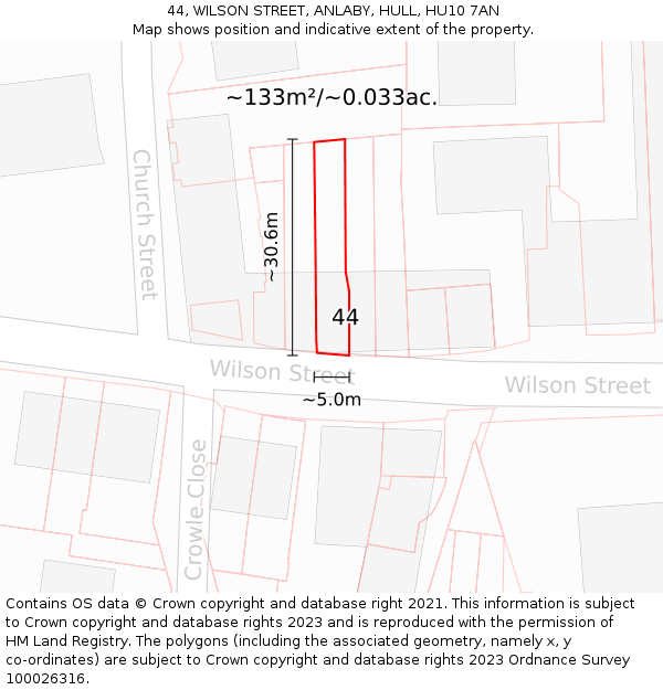 44, WILSON STREET, ANLABY, HULL, HU10 7AN: Plot and title map