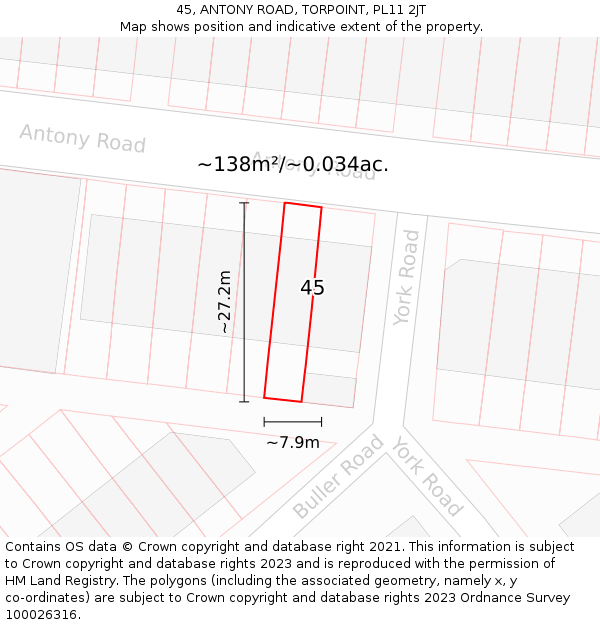 45, ANTONY ROAD, TORPOINT, PL11 2JT: Plot and title map