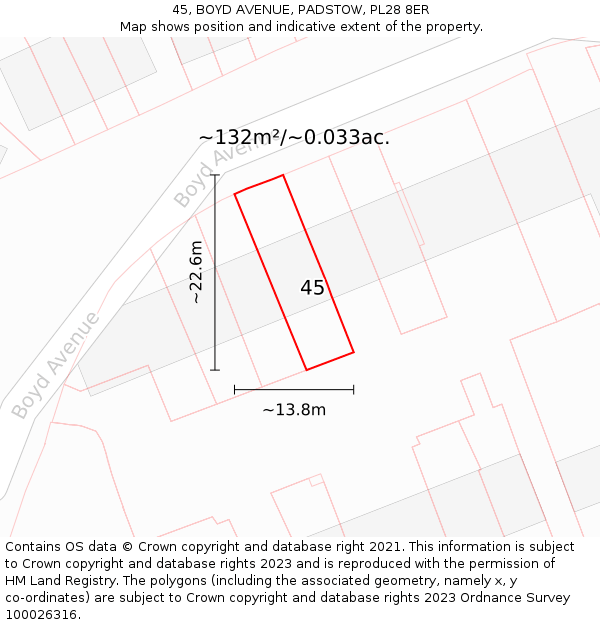 45, BOYD AVENUE, PADSTOW, PL28 8ER: Plot and title map