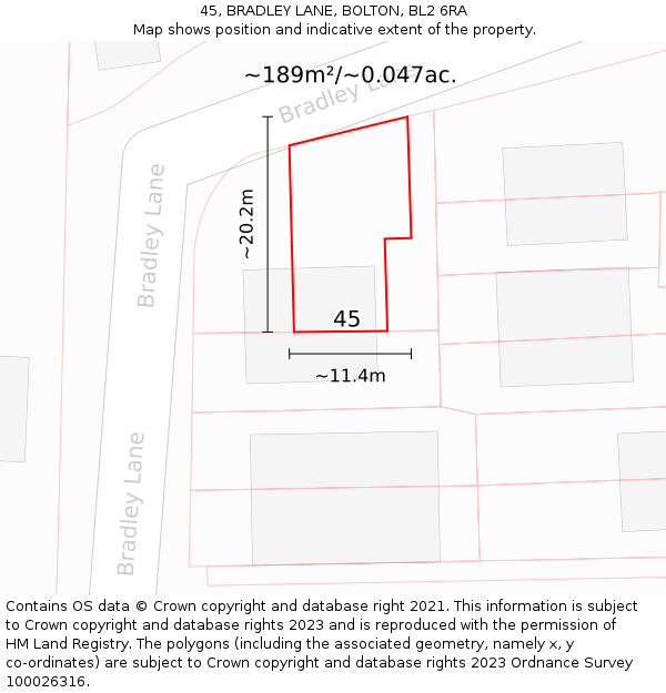 45, BRADLEY LANE, BOLTON, BL2 6RA: Plot and title map