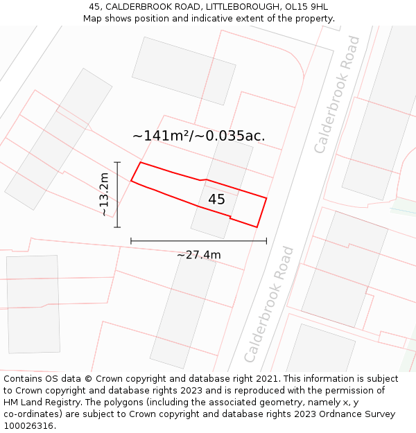 45, CALDERBROOK ROAD, LITTLEBOROUGH, OL15 9HL: Plot and title map