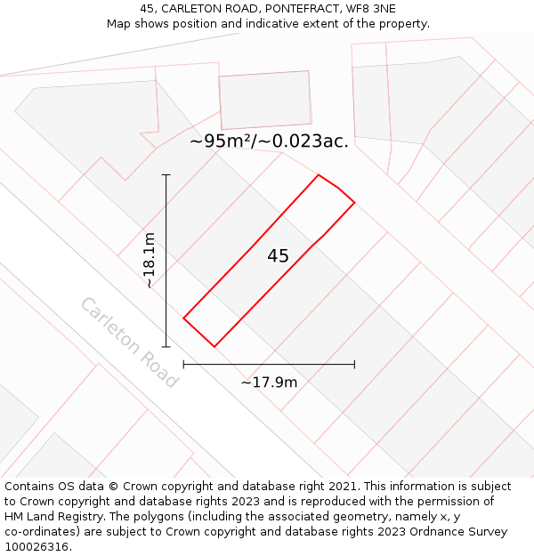 45, CARLETON ROAD, PONTEFRACT, WF8 3NE: Plot and title map
