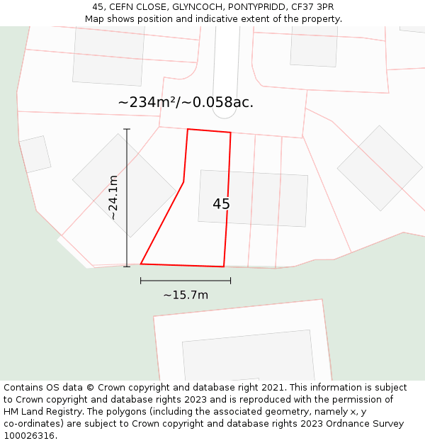 45, CEFN CLOSE, GLYNCOCH, PONTYPRIDD, CF37 3PR: Plot and title map