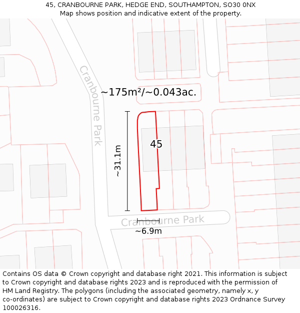45, CRANBOURNE PARK, HEDGE END, SOUTHAMPTON, SO30 0NX: Plot and title map