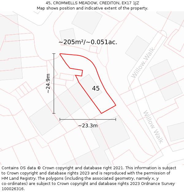 45, CROMWELLS MEADOW, CREDITON, EX17 1JZ: Plot and title map