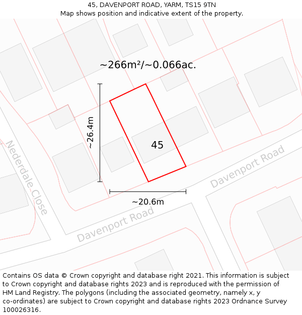 45, DAVENPORT ROAD, YARM, TS15 9TN: Plot and title map