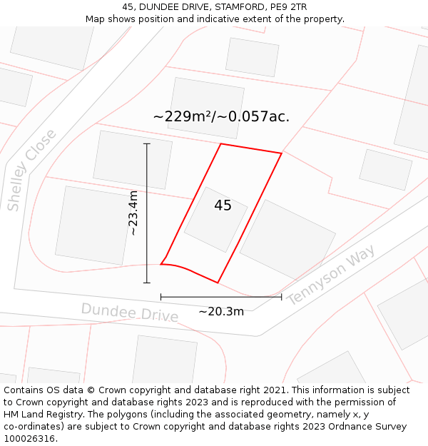 45, DUNDEE DRIVE, STAMFORD, PE9 2TR: Plot and title map