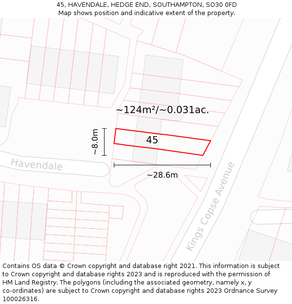 45, HAVENDALE, HEDGE END, SOUTHAMPTON, SO30 0FD: Plot and title map