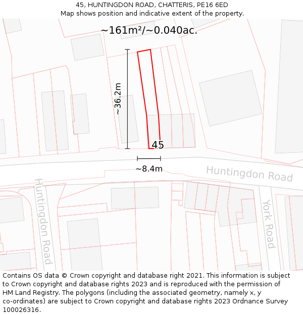 45, HUNTINGDON ROAD, CHATTERIS, PE16 6ED: Plot and title map