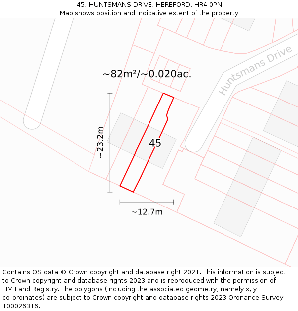45, HUNTSMANS DRIVE, HEREFORD, HR4 0PN: Plot and title map