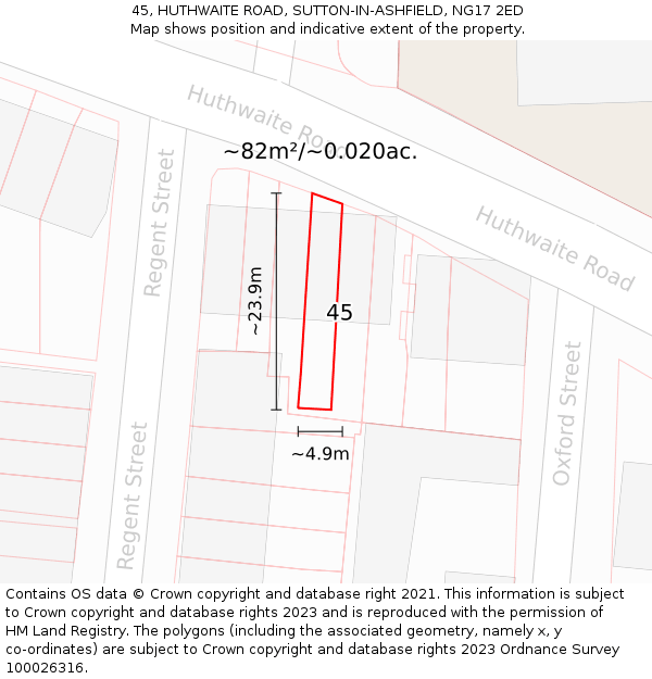 45, HUTHWAITE ROAD, SUTTON-IN-ASHFIELD, NG17 2ED: Plot and title map