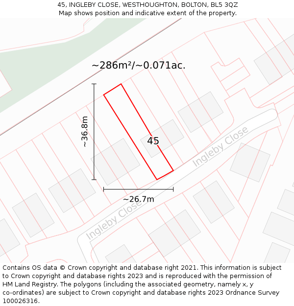 45, INGLEBY CLOSE, WESTHOUGHTON, BOLTON, BL5 3QZ: Plot and title map
