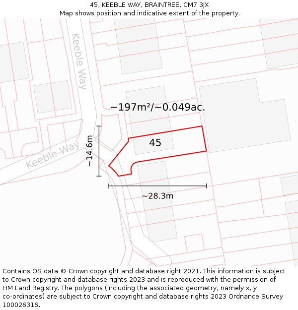 45, KEEBLE WAY, BRAINTREE, CM7 3JX: Plot and title map
