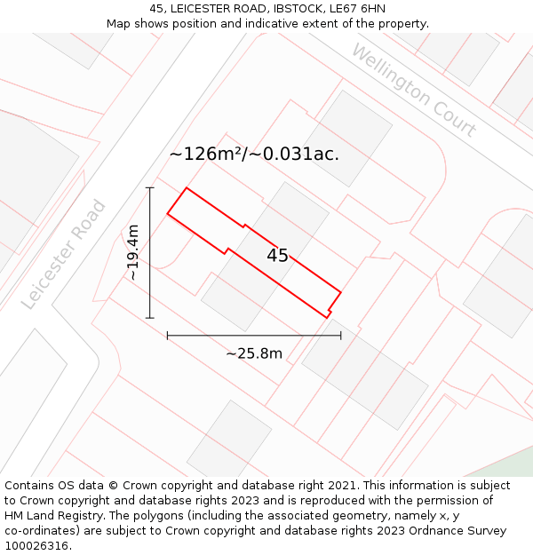 45, LEICESTER ROAD, IBSTOCK, LE67 6HN: Plot and title map