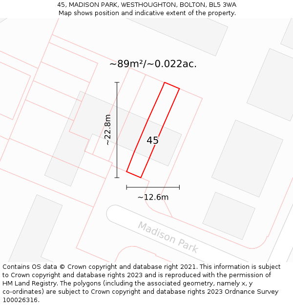 45, MADISON PARK, WESTHOUGHTON, BOLTON, BL5 3WA: Plot and title map