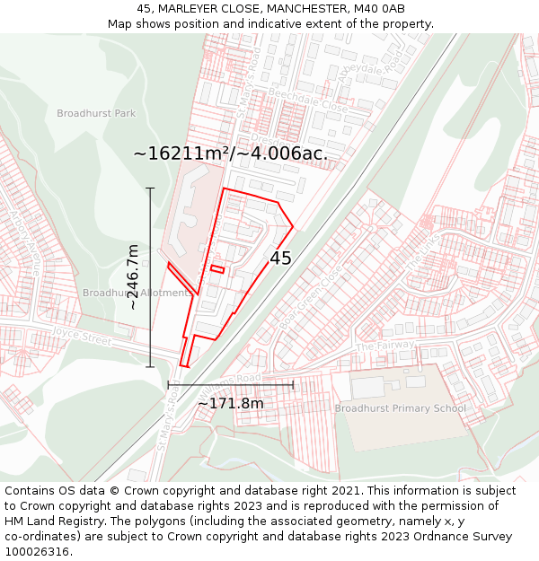 45, MARLEYER CLOSE, MANCHESTER, M40 0AB: Plot and title map