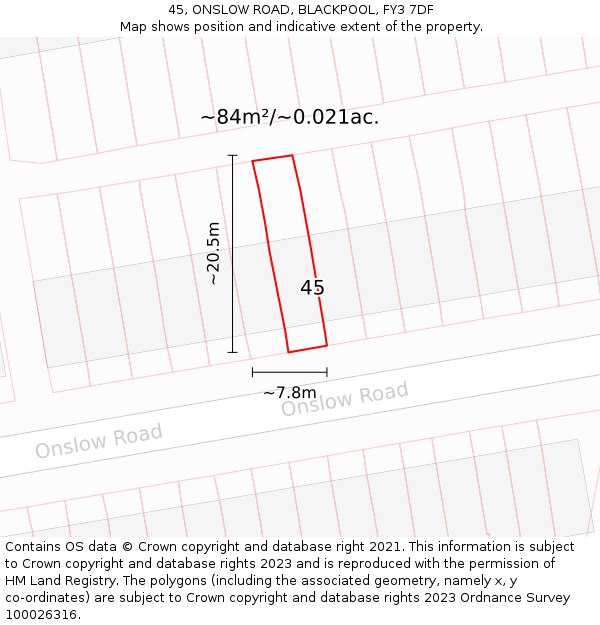 45, ONSLOW ROAD, BLACKPOOL, FY3 7DF: Plot and title map