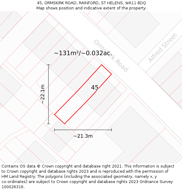 45, ORMSKIRK ROAD, RAINFORD, ST HELENS, WA11 8DQ: Plot and title map
