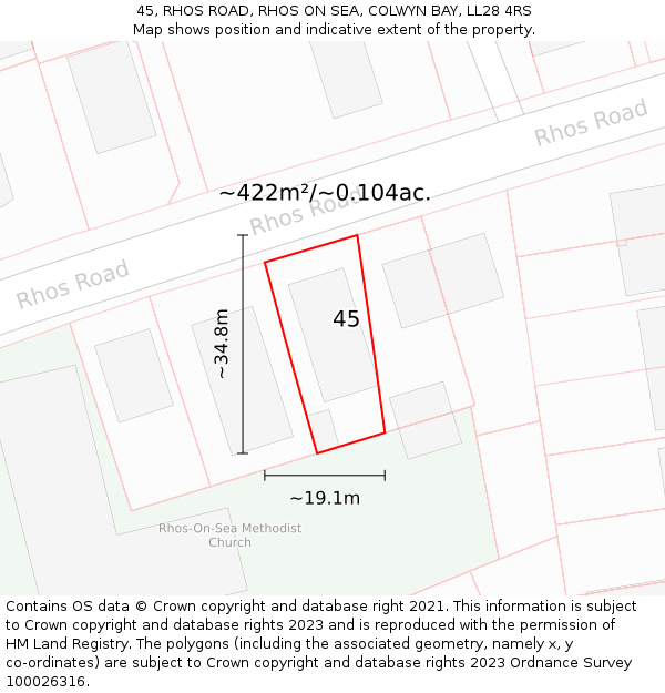 45, RHOS ROAD, RHOS ON SEA, COLWYN BAY, LL28 4RS: Plot and title map