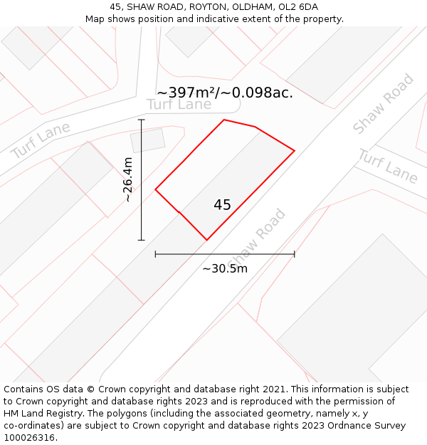 45, SHAW ROAD, ROYTON, OLDHAM, OL2 6DA: Plot and title map