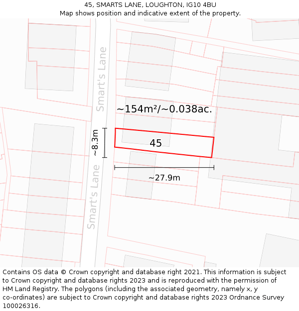 45, SMARTS LANE, LOUGHTON, IG10 4BU: Plot and title map