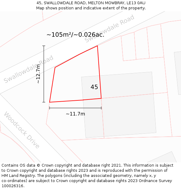 45, SWALLOWDALE ROAD, MELTON MOWBRAY, LE13 0AU: Plot and title map