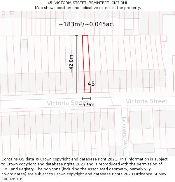 45, VICTORIA STREET, BRAINTREE, CM7 3HL: Plot and title map