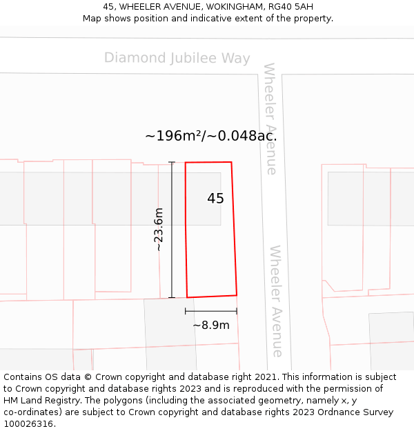45, WHEELER AVENUE, WOKINGHAM, RG40 5AH: Plot and title map