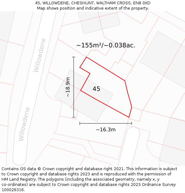 45, WILLOWDENE, CHESHUNT, WALTHAM CROSS, EN8 0XD: Plot and title map