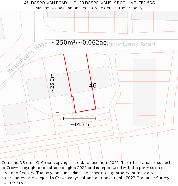 46, BOSPOLVAN ROAD, HIGHER BOSPOLVANS, ST COLUMB, TR9 6SG: Plot and title map