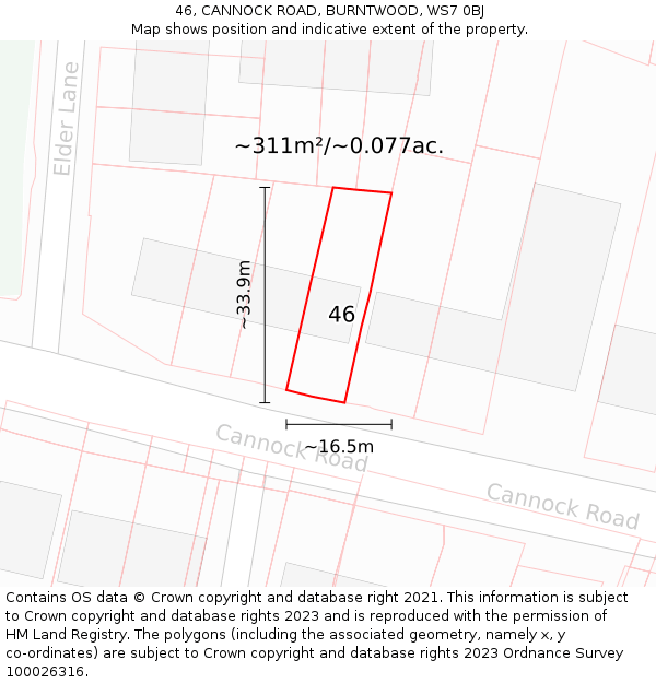 46, CANNOCK ROAD, BURNTWOOD, WS7 0BJ: Plot and title map