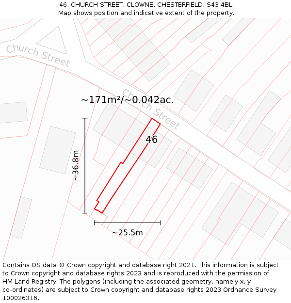 46, CHURCH STREET, CLOWNE, CHESTERFIELD, S43 4BL: Plot and title map