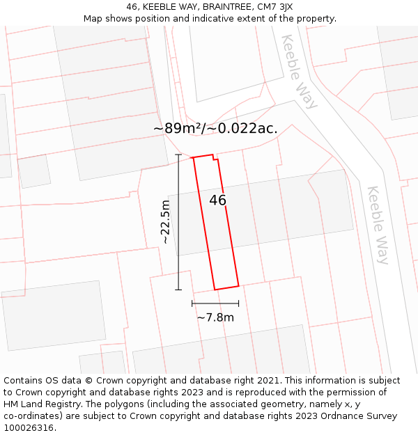 46, KEEBLE WAY, BRAINTREE, CM7 3JX: Plot and title map