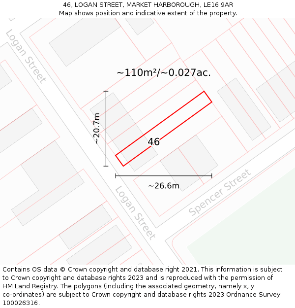 46, LOGAN STREET, MARKET HARBOROUGH, LE16 9AR: Plot and title map